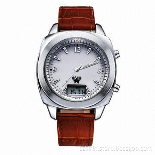 Solar Radio-controlled Watch with Alloy Case and Genuine Leather Band